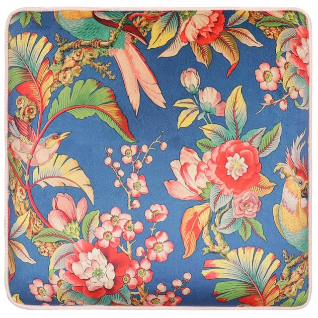 2020s Boho Chic Edwardian Parrot Velvet Upholstered Ottoman For Sale - Image 5 of 9