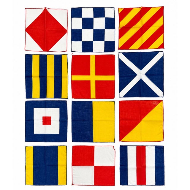 American Vintage Set 12 Leacock Nautical Naps Signal Flag Linen Cocktail Napkins For Sale - Image 3 of 9