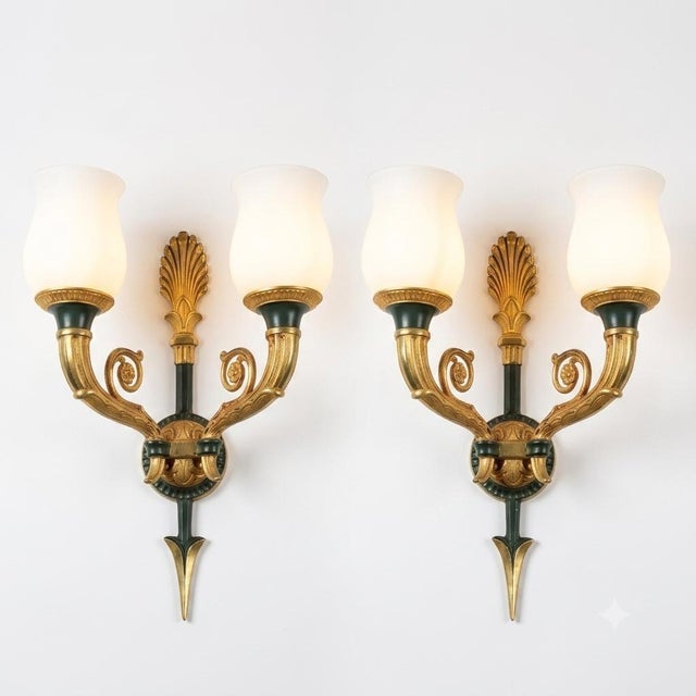 Gilt Bronze Double-Arm Wall Sconces with Frosted Glass Shades, 1950s, Set of 2 For Sale - Image 18 of 18