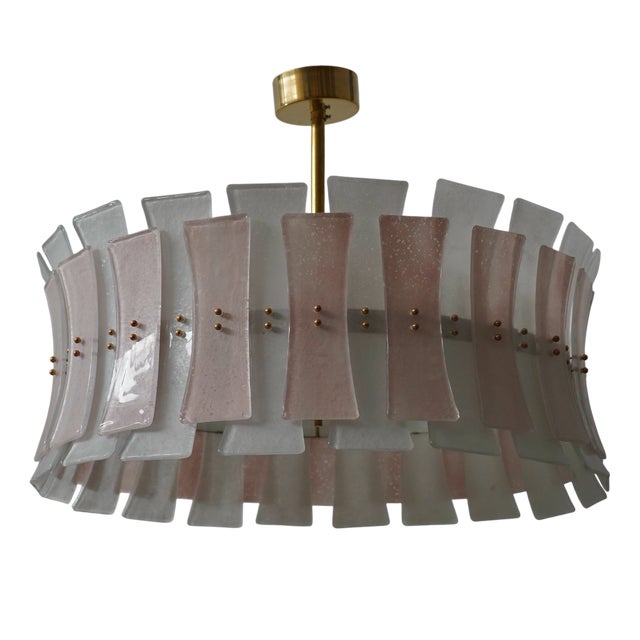 Round Pink and White Murano Glass and Brass Pendant, 2000 For Sale