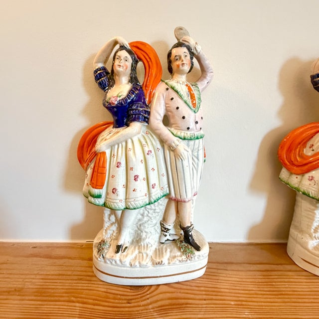 Boho Chic Antique Dancing Couple with Mask Mantel Figurines from Staffordshire, England, 1860, Set of 2 For Sale - Image 3 of 18