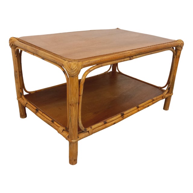 Vintage Rattan and Wood Coffee Table, 1960s For Sale