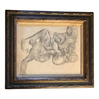 1940’s Original Abstract Expressionist Family Grouping Modernist Charcoal Drawing Vintage Frame For Sale