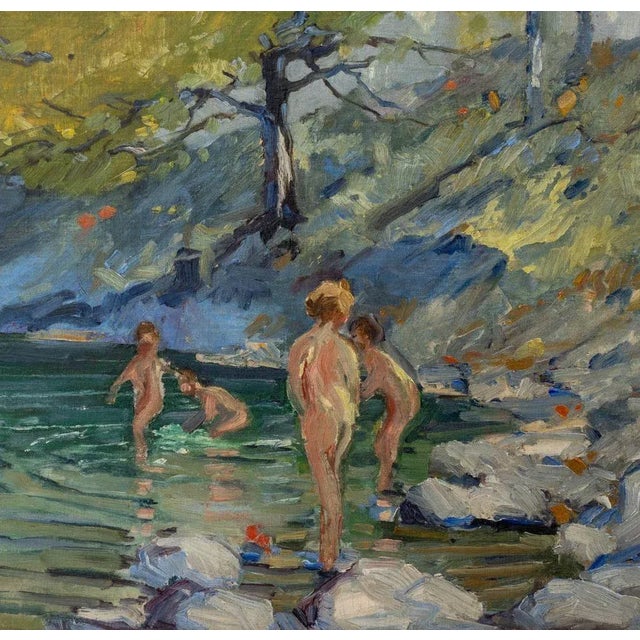 American Jonas Lie "Children Bathing in a Forest Pool" Oil For Sale - Image 3 of 9