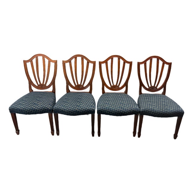 Late 20th Century Baker Furniture Historic Charleston Federal Style Carved Mahogany Shield Back Dining Chairs - A Set of 4 For Sale