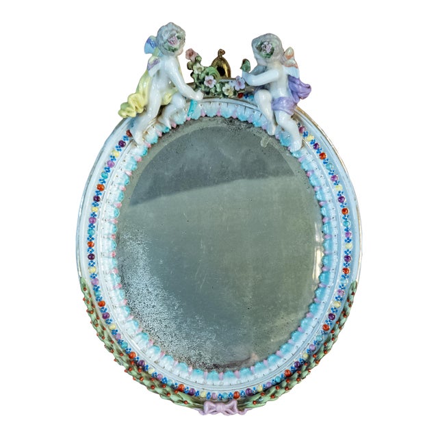 19th Century Dresden German Porcelain Mirror With Cherubs, Sitzendorf Mark For Sale