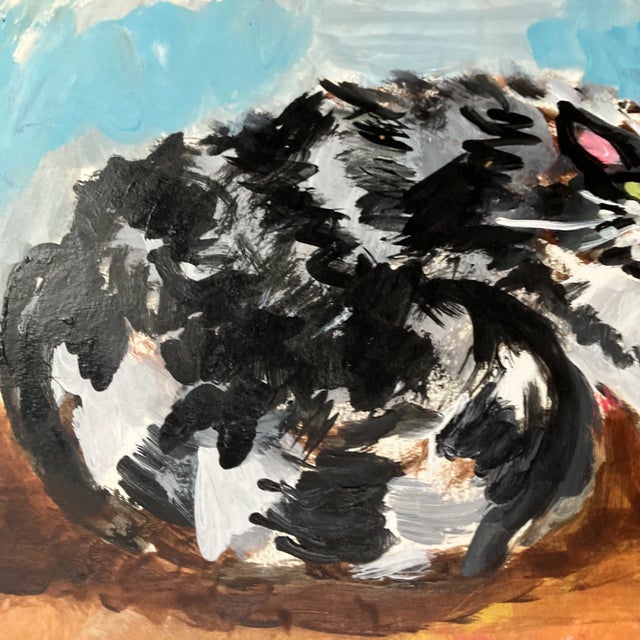 1980’s Abstract Outsider Cat Watercolor Painting Signed For Sale - Image 4 of 5