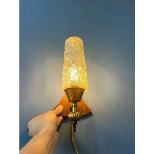 Vintage Teak Wood & Clear Glass Wall Sconce Lamp For Sale - Image 4 of 11