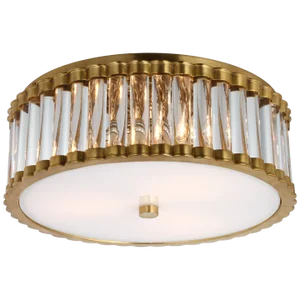 Chapman & Myers for Visual Comfort Signature Kean 14" Flush Mount in Hand-Rubbed Antique Brass with Clear Glass Rods & Frosted Glass Diffuser