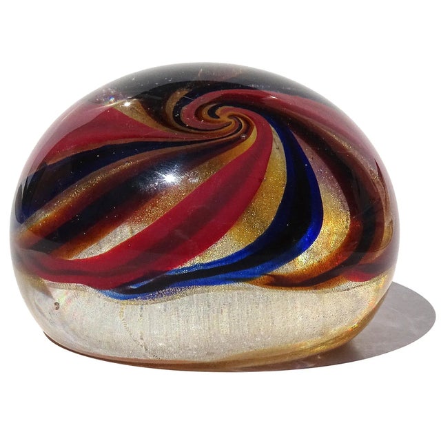 Barovier & Toso Murano Barovier Toso Vintage Blue Orange Red a Canne Gold Flecks Italian Art Glass Paperweight For Sale - Image 4 of 5