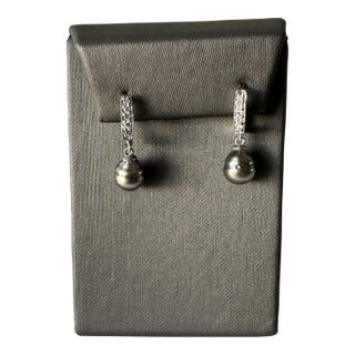Estate Pearl and Diamond Drop Earrings in 14kt White Gold, Pre-Loved, A Pair For Sale