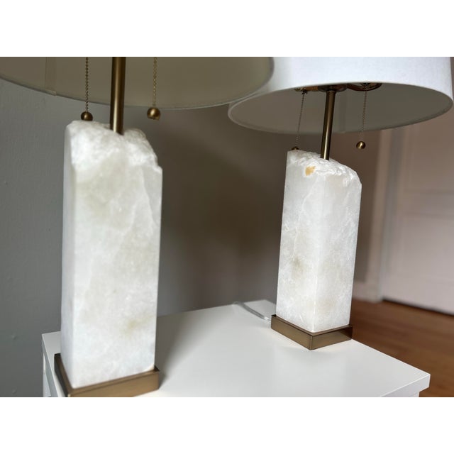 Contemporary Pair of Bethel International Alabaster & Brass Table Lamps - Like New For Sale - Image 3 of 4