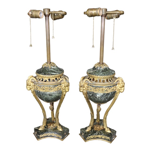 1900s Fine Quality Rams Head Bronze Ormolu French Empire Marble Rams Head Lamps - a Pair For Sale