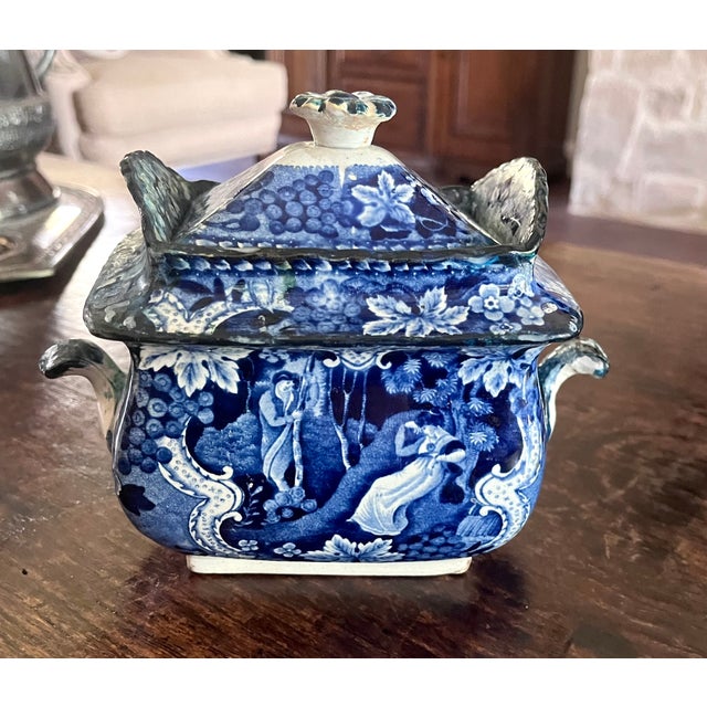 Antique Adams Staffordshire Historical Blue Transferware Covered Sugar Bowl, C. 1820s For Sale - Image 11 of 18
