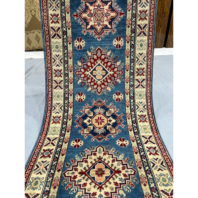 Art Deco Blue and Cream Kazak-Style Wool Runner Rug With Tribal Medallions, 2'8" X 9'7" For Sale - Image 3 of 15