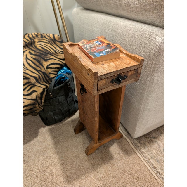 Gothic 1970s Spanish Mediterranean Brutalist Carved Pine Pedestal Side Table For Sale - Image 3 of 11