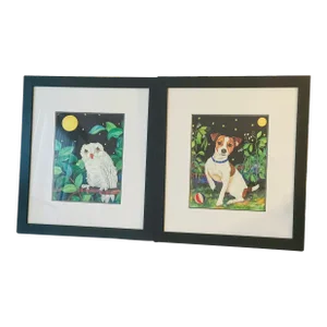 1970s Cherrie Nute Pair of Animalistic Prints Framed Dog Owl