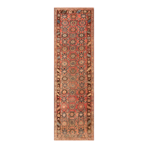 1930s Red Floral Antique Persian Bijar Rug 4'1" X 14'5" Knotted Wool Carpet