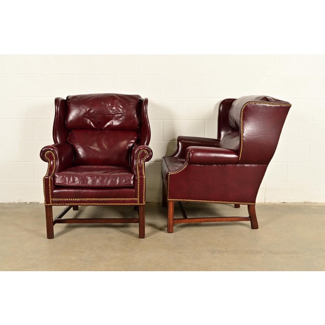Hancock & Moore Chippendale Wingback Leather Lounge Chairs With Ottoman For Sale - Image 12 of 15