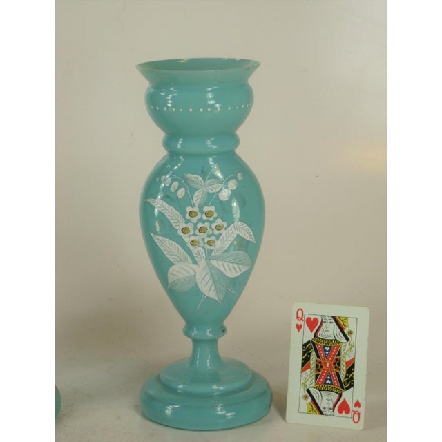Mid 19th Century Mid 19th Century Vases Victorian Mantel 3-Pc. Set Bristol Glass Blue Opalescent Hand-Painted Floral Enamel For Sale - Image 5 of 12
