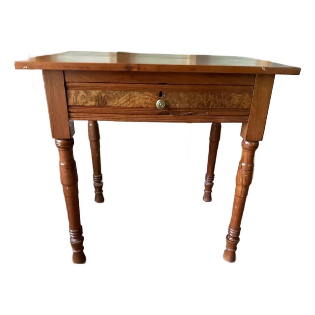 Antique Victorian Style Burled Wood Inlaid Walnut Single Drawer Side Hall Table For Sale