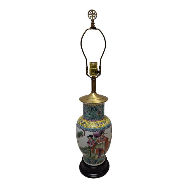Chinese Famille Rose Porcelain Vase With Ebonized Base Mounted as Lamp For Sale
