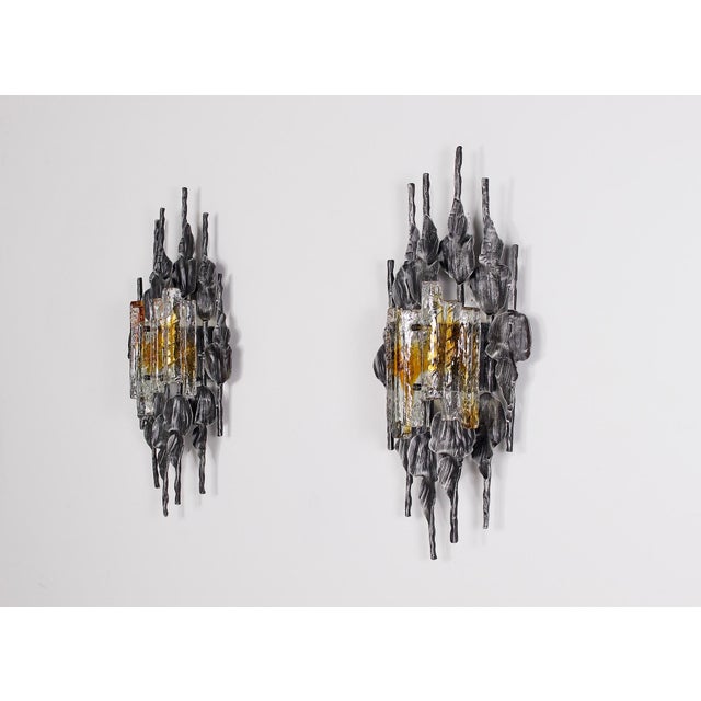 1970s Large Brutalist Wall Sconces in Wrought Iron and Glass, 1970s, Set of 2 For Sale - Image 5 of 14