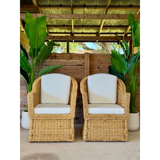 Pair of Vintage Michael Taylor Style Braided Rattan Wicker Lounge Armchairs For Sale - Image 12 of 12