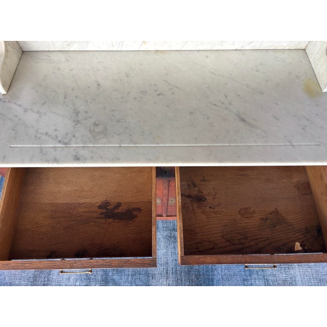 Antique Oak Washstand / Bathroom Vanity With a Marble Top, Oval Beveled Mirror, and Floral Carvings For Sale - Image 9 of 12
