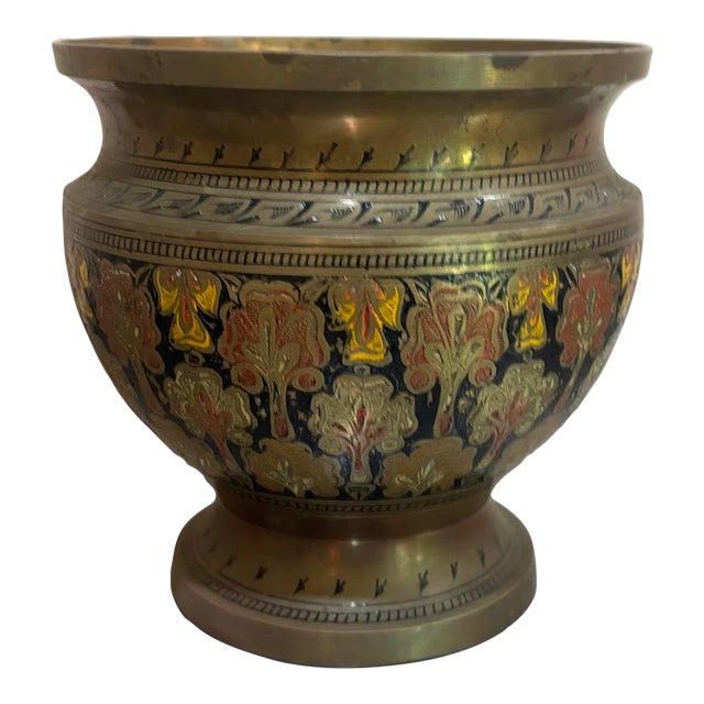 Indian Enameled Brass Ornate Pedestal Vase For Sale