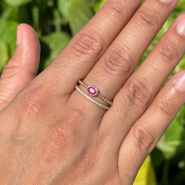 Ruby & Diamond Beaded Double Band Stacking Ring Size 4 Set in 14k Yellow Gold For Sale - Image 9 of 16