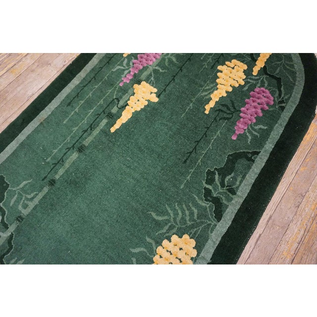 Textile Beautiful Green Background Floral Pattern Pair of Antique Chinese Art Deco Rugs For Sale - Image 7 of 15