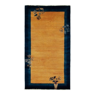 Vintage Chinese Deco Style Rug in Gold, Blue Border, Beige-Brown Floral Patterns For Sale