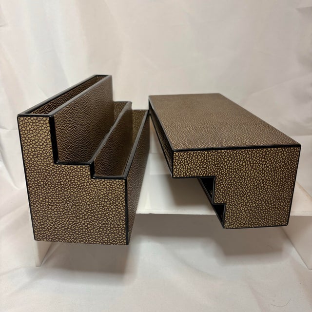 Wood Vintage Dransfield & Ross Mid-Century Modern Faux Shagreen Leather Letter Holder Set in Brown, Circa 2000’s For Sale - Image 7 of 10
