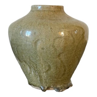 Vintage Hand Thrown and Crudely Decorated Celadon Vase For Sale