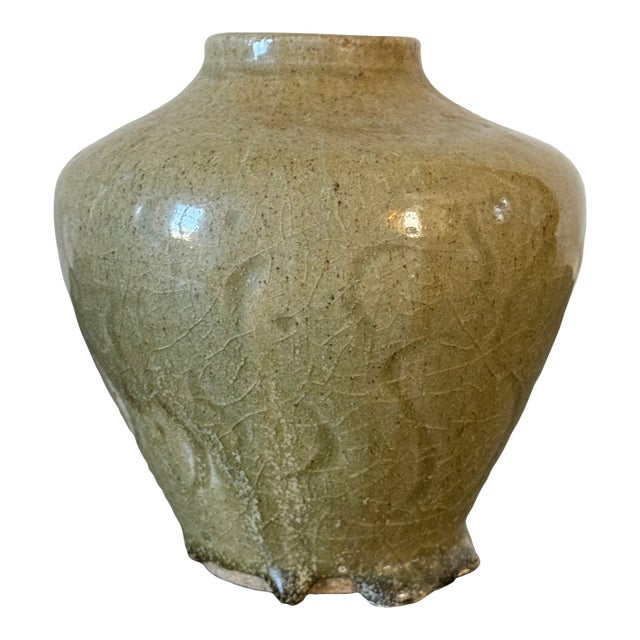 Vintage Hand Thrown and Crudely Decorated Celadon Vase For Sale