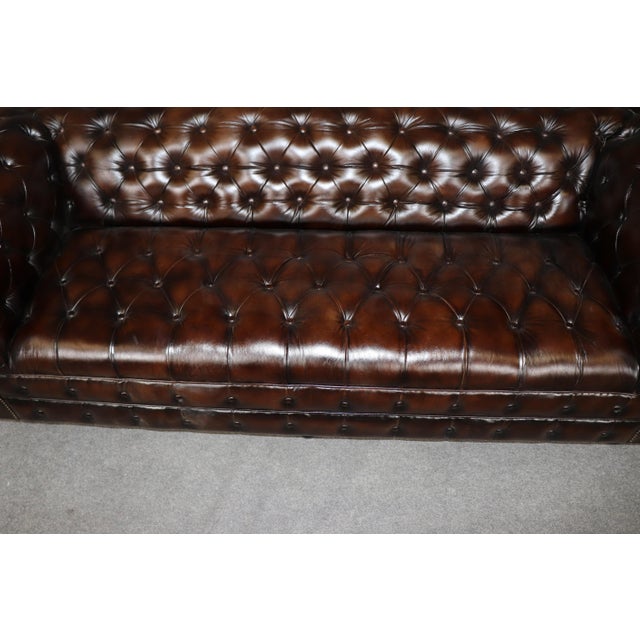 Animal Skin English Remington Brown Custom Made Leather Tufted Chesterfield Sofa 7ft For Sale - Image 7 of 11