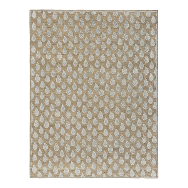Rug & Kilim’s Modern Block Print Rug in Beige with White and Blue Floral Pattern - 10x14 For Sale