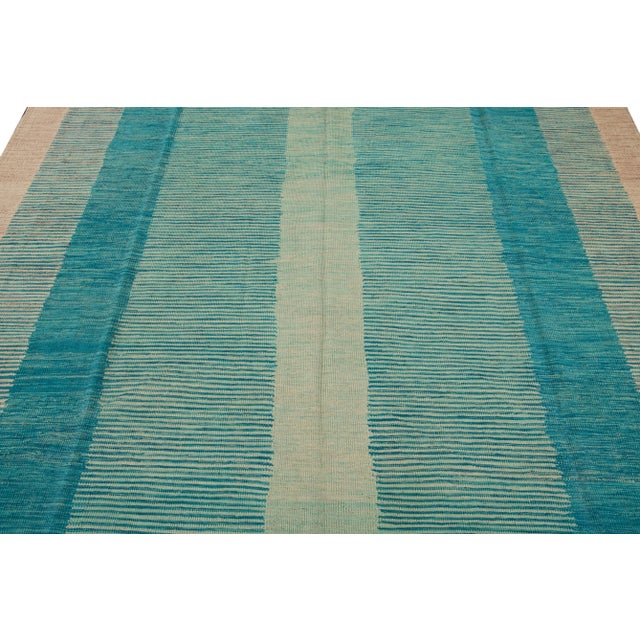 Modern Teal Modern Expressionist Flat-Weave Room Size Wool Rug For Sale - Image 3 of 13