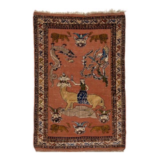 Antique Persian Tabriz Terracotta Wool Rug With Pictorial Design For Sale