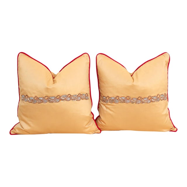 Pair of Gold Zardozi-Embroidered Silk Pillow Covers, Embroidered Band For Sale