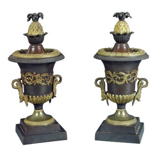 English Regency Bronze & Ormolu Pineapple Topped Urns With Reversible Candlestick Tops For Sale