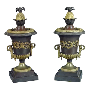 English Regency Bronze & Ormolu Pineapple Topped Urns With Reversible Candlestick Tops