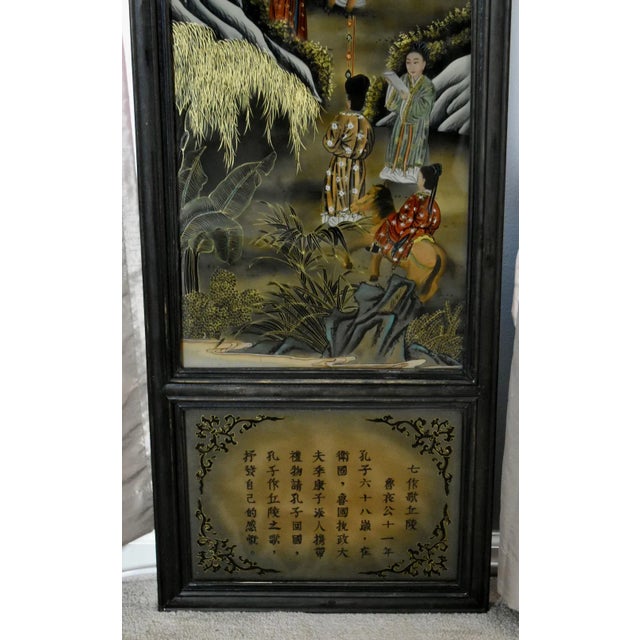 Reverse Painted Wall Plaque on Glass Antique Asian Three Section Vertical For Sale - Image 9 of 12