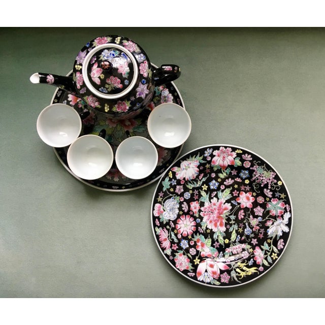 Chinese Vintage Chinese Jewel-Tone Floral Motif Export Pottery Tea Set - 7 Pieces For Sale - Image 3 of 13