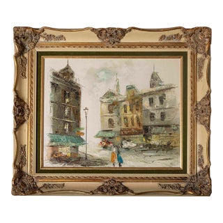 Vintage Impressionist European Street Scene Oil Painting in Ornate Gilt Frame For Sale