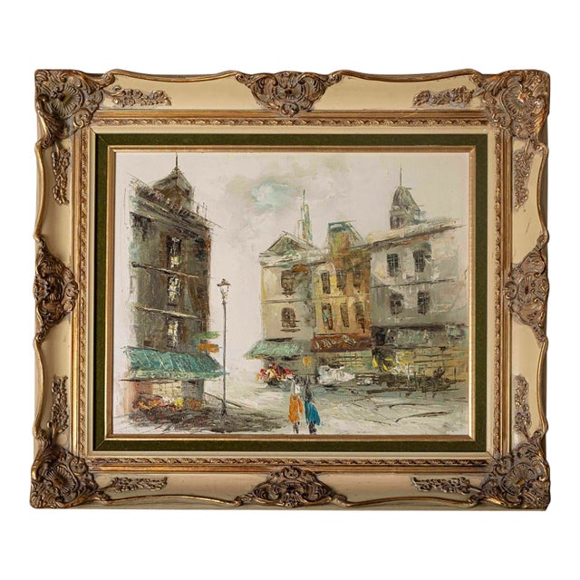 Vintage Impressionist European Street Scene Oil Painting in Ornate Gilt Frame For Sale