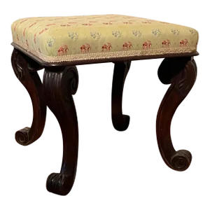 Antique 19th Century English Regency Square Mahogany Stool With Foliate Carved Scroll Legs