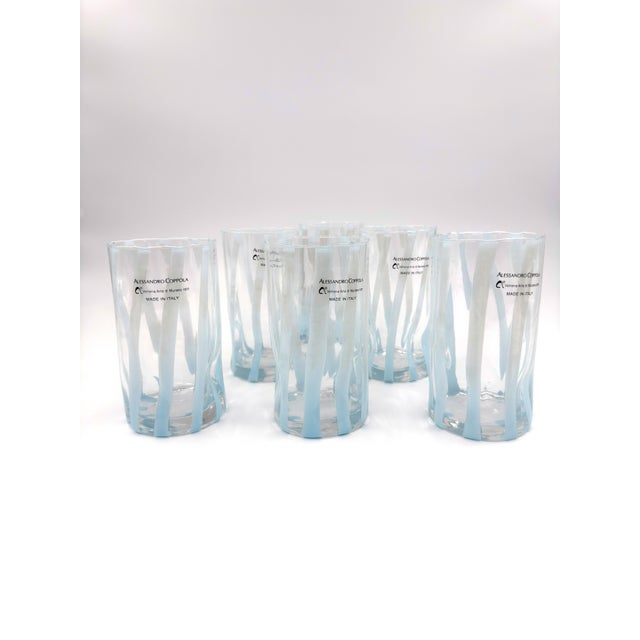 Alessandro Coppola Murano Art Glass Tumblers With Blue Ribbon Pattern - Set of 6 For Sale - Image 9 of 9