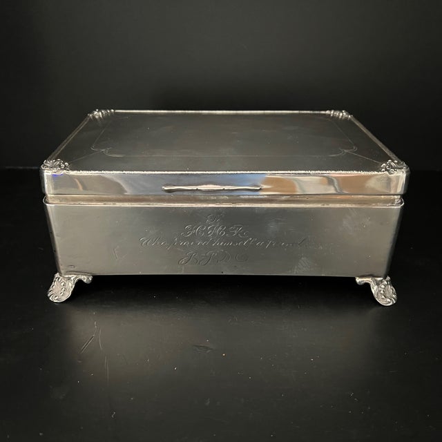 English Antique British Solid Silver, Cedar Lined ,Hinged Top Cigarette Box For Sale - Image 3 of 16